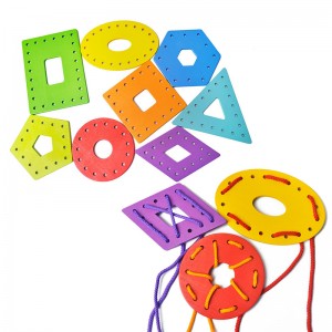 Montessori – Puzzle d'éducation précoce, jouet d'enfilage de corde, forme géométrique, planche d'enfilage de corde en bois colorée, jouet cognitif assorti de couleur et de forme