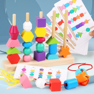 2-in-1 나무 스태킹 장난감 나무 레이싱 비즈 몬테소리 나무 장난감 모양 분류기 빌딩 블록 카드가있는 장난감 스레딩 어린이를위한 교육 학습 선물 유아 3 4 5 세 이상