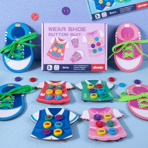 Hölzernes Früherziehungs-Puzzlespielzeug für Kinder, lustige Eltern-Kind-Interaktion, vielseitige Kleidung, mit Seilen gebundene Schnürsenkel, Knopfspielzeug, praktische Übung zur Hand-Auge-Koordination