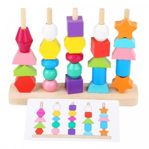 2-in-1 Wooden Stacking Toys Wooden Lacing Beads Montessori Wooden Toys Shape Sorter Building Blocks Threading Toys with Cards Educational Learning Gifts for Kids Toddlers 3 4 5+ Years Old