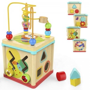 Jucării cub de activitate pentru fetiță de 1 an, jucării din lemn Montessori pentru copii mici, cadou pentru primul an de naștere pentru vârsta de un an, jucărie pentru bebeluși pentru 12-18 luni cu sortator de forme labirint de margele