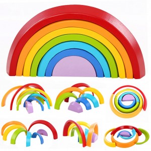Wooden Rainbow Stacker Nesting Puzzle Blocks Educational Toys for Kids Baby Toddlers