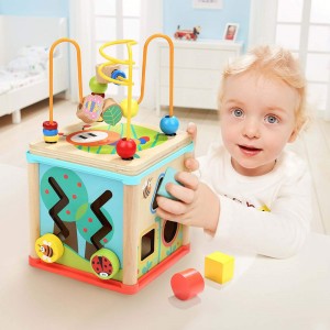 Zabawki w postaci kostek aktywności dla 1-letniego chłopca dziewczynki, drewniane zabawki Montessori dla małych dzieci, roczny prezent na pierwsze urodziny, zabawka dla dziecka na 12-18 miesięcy z sortownikiem kształtów labiryntu koralików