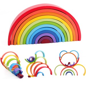 مكعبات أحجية تعشيش خشبية بألوان قوس قزح ألعاب تعليمية للأطفال الصغار