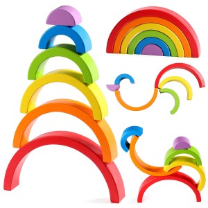 木制彩虹堆垛机嵌套拼图块 儿童益智玩具 婴幼儿