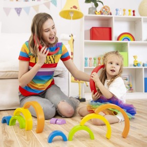 Empilhador de arco-íris de madeira, blocos de quebra-cabeça, brinquedos educativos para crianças, bebês
