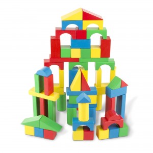 Juego de construcción de madera: 100 bloques en 4 colores y 9 formas