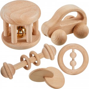 5 Stück Holz-Babyspielzeug, Holzspielzeug für Babys von 0–6–12 Monaten, Holzspielzeug, Rasseln mit Glocken, Montessori-Holz-Baby-Schiebeauto, Holz-Neugeborenenspielzeug für Kleinkinder, Jungen und Mädchen, Geschenke