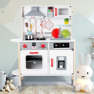  Kids Wooden Upright Kitchen Playset with Interactive Doors, Knobs, and Lights, White and Gray