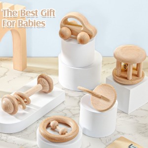 5 Pieces Wooden Baby Toys Wooden Toys for Babies 0-6-12 Months Wood Toys Rattles with Bells Montessori Wood Baby Push Car Wooden Newborn Toy for Infant Boys and Girls Gifts