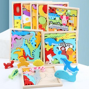 子供用木製パズル、4パック モンテッソーリ学習おもちゃ ギフト 対象年齢3歳以上、3D マルチテーマ 動物 果物 食べ物 ジグソーパズル 男の子と女の子向け