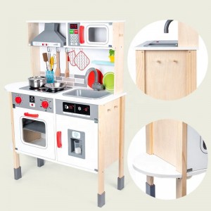 Set de joacă de bucătărie verticală din lemn pentru copii cu uși interactive, butoane și lumini, alb și gri