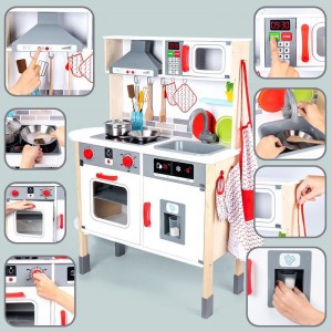 Playset Dapur Tegak Kayu Anak dengan Pintu, Kenop, dan Lampu Interaktif, Putih dan Abu-abu
