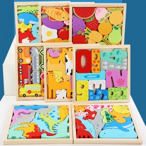 儿童木制拼图，4 件装适合 3 岁以上学龄前儿童的蒙特梭利学习玩具礼物，3D 多主题动物水果食品拼图游戏适合男孩和女孩