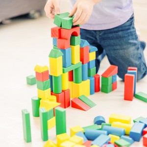 Houten bouwset – 100 blokken in 4 kleuren en 9 vormen