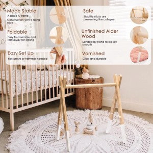 Baby Play Gym Wooden Baby Gym with 3 Toys Foldable Play Gym Frame Activity Gym Hanging Bar Baby Toy White