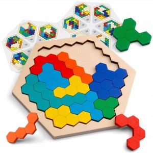 Hexagon Puzzles for Kids & Adults, Wooden Block Puzzle Intelligence Brain Teasers Toy Logic Game STEM Educational Gift for Children