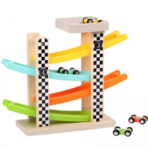 Divertimento in legno a quattro piste, auto giocattolo per planata, bambini, educazione precoce, puzzle, pista, auto da corsa inerziale di rimbalzo della velocità
