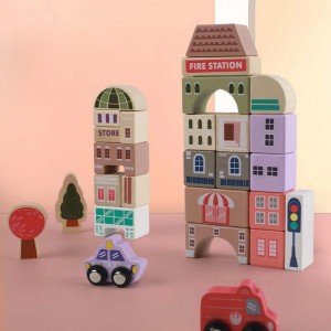 Conjunto de blocos de construção de madeira, empilhador de construção de cidade, brinquedos educativos de aprendizagem pré-escolar, brinquedos infantis para meninos e meninas de 3 anos ou mais.
