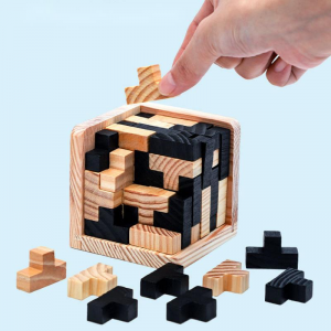 3D 木制脑筋急转弯拼图，天才技能生成器 T 形件。儿童和成人益智玩具