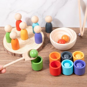 Tęczowe kulki w kubkach Zabawka Montessori Drewniana gra sortująca 7 kulek 30 mm Wiek 1+ Kolor Sortowanie i liczenie Przedszkole Nauka Edukacja