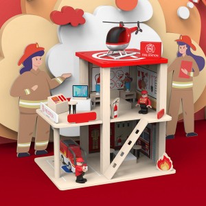 Wooden Fire Station、 Police Station Playset, Multicolor 3-Level Pretend Play Dollhouse with Figures, Truck, Helicopter and Accessories, Preschool Learning Educational Toys for Toddlers Kids Age 3 and up