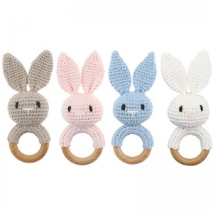 Houten babyrammelaar Mooie gehaakte konijnenringrammelaar Babyspeelgoed, Montessori-bijtspeeltje voor peuters
