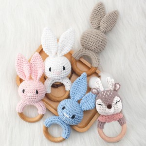 木制婴儿摇铃可爱钩针兔子环摇铃婴儿玩具，幼儿蒙特梭利出牙玩具
