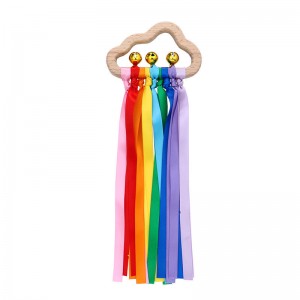 Mga Laruan ng Baby Sensory Ribbon Ring – 2Pcs Rainbow Ribbon Rattle Natural Wooden Ribbon Ring Molar Wood Circle Newborn Teether Sensory Montessori na Laruang para sa 6-12 Buwan na Sanggol Toddler