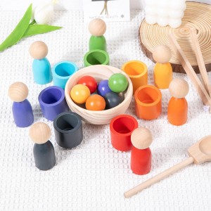 Bolas de arco iris en tazas Juguete Montessori Juego clasificador de madera 7 bolas 30 mm Edad 1+ Clasificación y conteo de colores Educación de aprendizaje preescolar