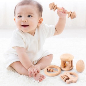 木制摇铃沙锤婴儿玩具 6 个月有机生态玩具适合婴儿抓握出牙天然系绳乐器摇摇器感官大脑发育新生儿出生礼物男孩女孩