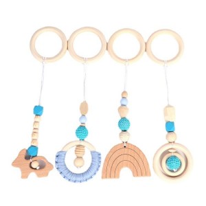 4Pcs Baby Play Gym Toy Set Green Wooden Hanging Toy Handmade Wooden Nursing Pendant Gym Activity Sensory Toys for Infant Teether Rattles Toy Newborn Birthday Shower Gifts for Baby Boy Girl