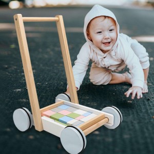 Premergător din lemn pentru împingere pentru bebeluși, jucării de mers pentru învățare pentru bebeluși, cadouri pentru prima zi de naștere 1 2 3 ani băieți fete, cu bloc de construcție din lemn