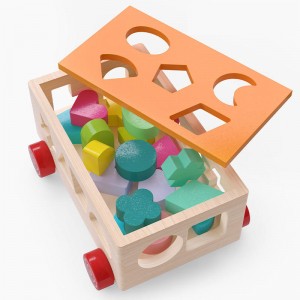 Houten Montessori-vormensorteerwagen met 30 geometrische blokken – Educatief leerspeelgoed voor peuters vanaf 18 maanden voor jongens en meisjes