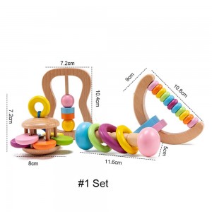 4 件套有机彩色婴儿拨浪鼓套装安全食品级木拨浪鼓安抚手链牙胶套装蒙特梭利幼儿玩具多彩