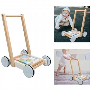 Wooden Baby Push Walker, Baby Learning Walking Toys, 1st Birthday 1 2 3 Year Old Boys Girls Gifts, with Wooden Building Block