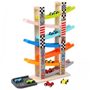 Juguetes de madera para niños de 1, 2 y 3 años, juego de vehículos de juguete con rampa de coche de madera con 7 mini coches y pistas de carreras, juguetes Montessori para niños pequeños, regalo para niñas