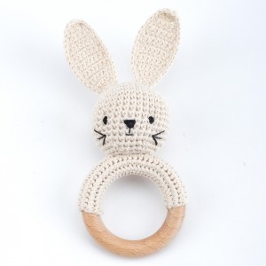 Wooden Baby Rattle Lovely Crochet Bunny Ring Rattle Baby Toys，Toddler Montessori Teething Toy