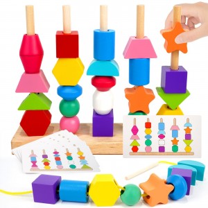 2-in-1 Wooden Stacking Toys Wooden Lacing Beads Montessori Wooden Toys Shape Sorter Building Blocks Threading Toys with Cards Educational Learning Gifts for Kids Toddlers 3 4 5+ Years Old