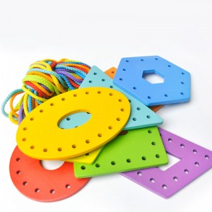 Montessori Early Education Puzzle Rope Threading Toy Geometric Shape Colored Wooden Rope Threading Board Color And Shape Cognitive Matching Toy